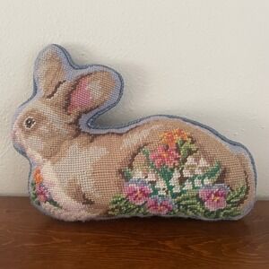 Vtg Lillian Vernon Wool Needlepoint Easter Bunny Rabbit Pillow 1990s Blue Velvet